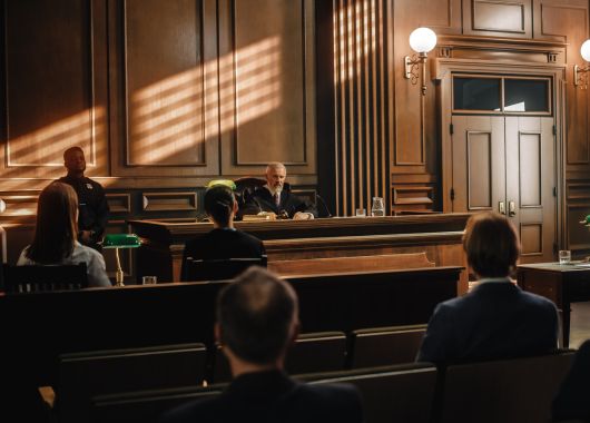 inside courtoom looking at judge at his bench with people seated in the gallery