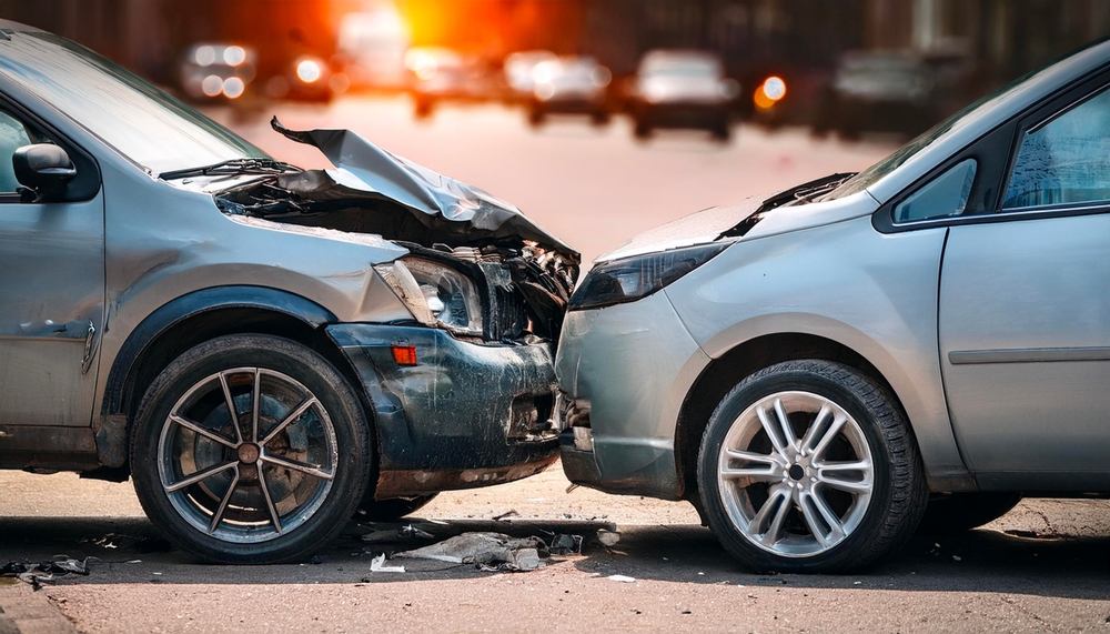 Two vehicles with severe front-end damage after a head-on collision on a Tulsa area road