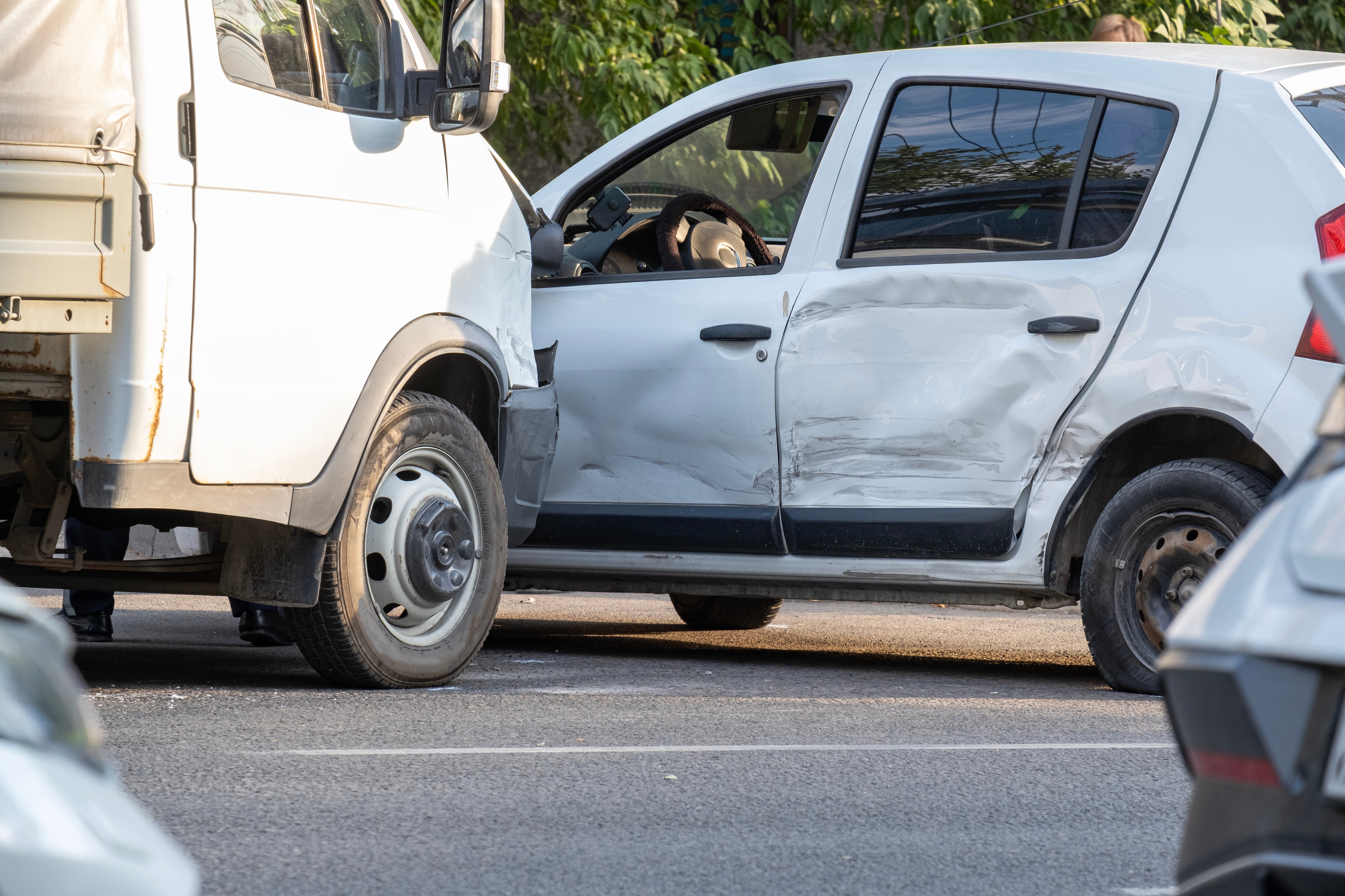 A T-bone accident between a car and a commercial truck