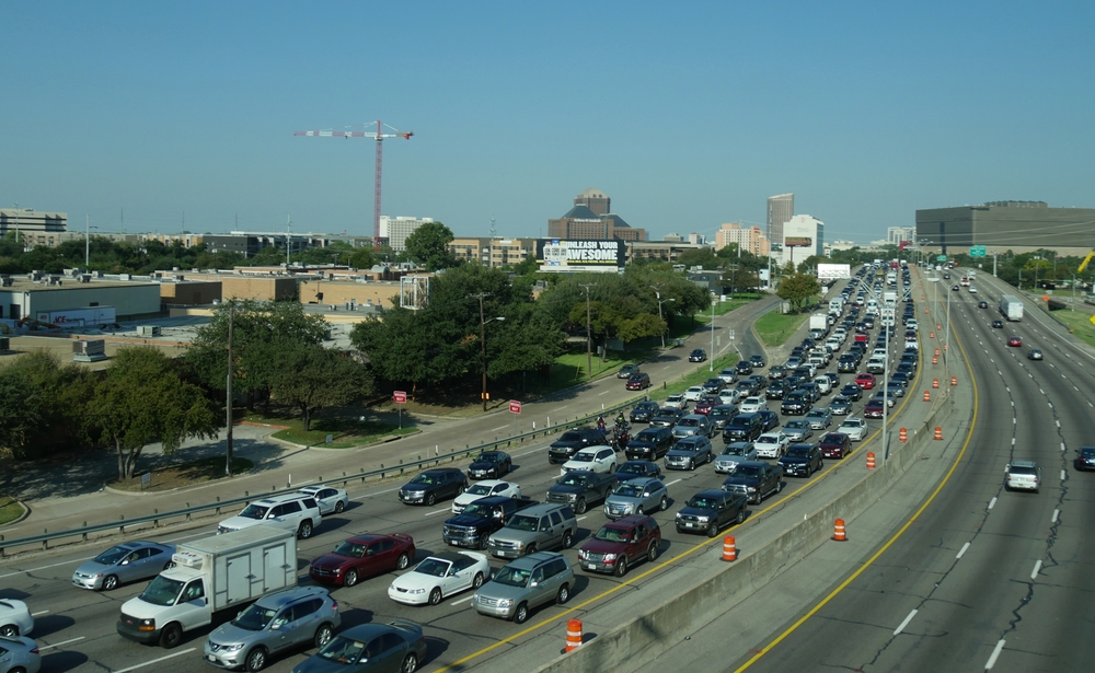 Aerial view of bumper-to-bumper traffic on interstate through Tulsa, OK