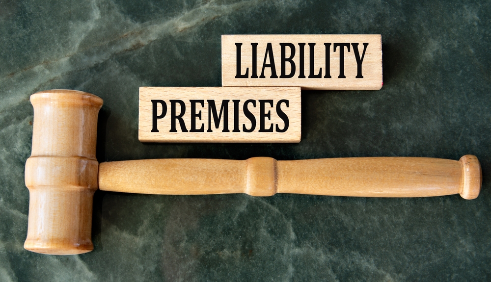 PREMISES LIABILITY - words on wooden blocks on a green background with a judge's gavel